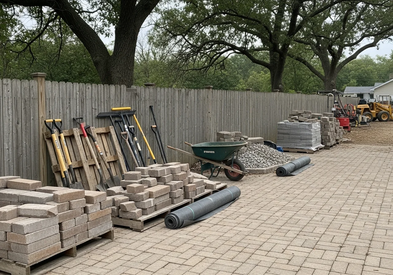 Landscape crew tools and materials on a job site, including pavers, stone, and grading equipment ready for installation.