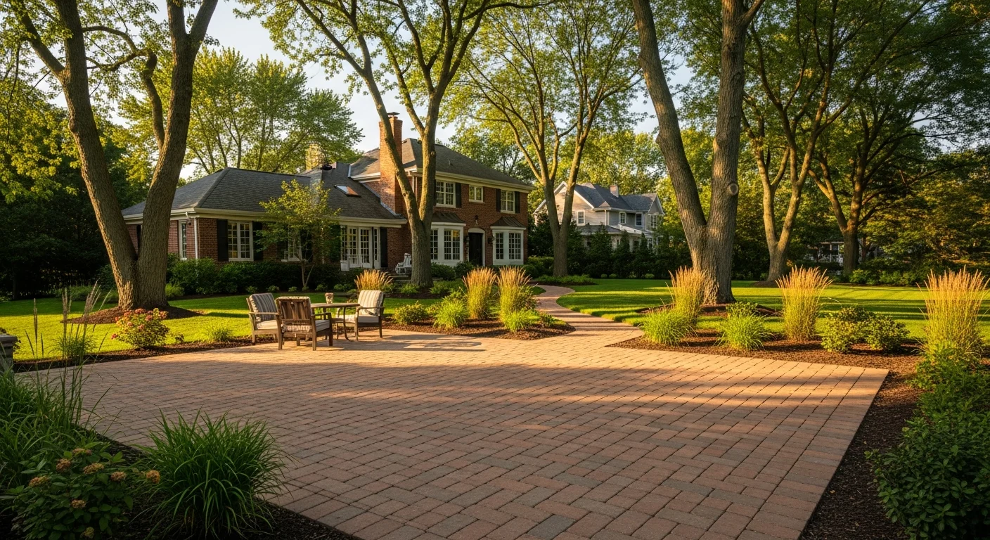 Professionally installed brick patio in Barrington home with mature landscaping