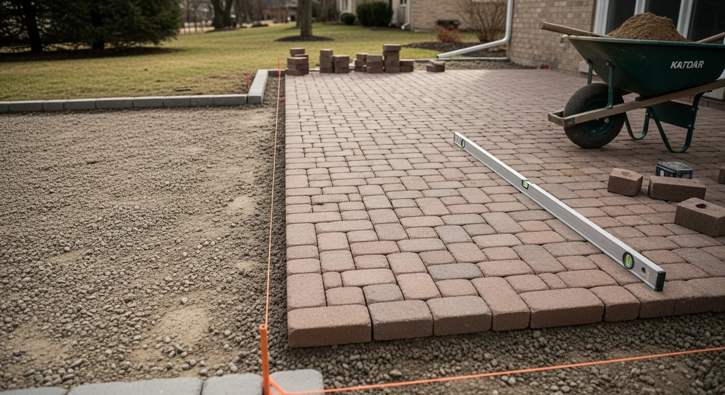 Completed brick patio installed in a residential backyard in Barrington Hills, Illinois, showing a flat, level surface with tight brick joints and clean edge restraints. The patio sits adjacent to a single-family home with mature trees and a graded lawn visible in the background.