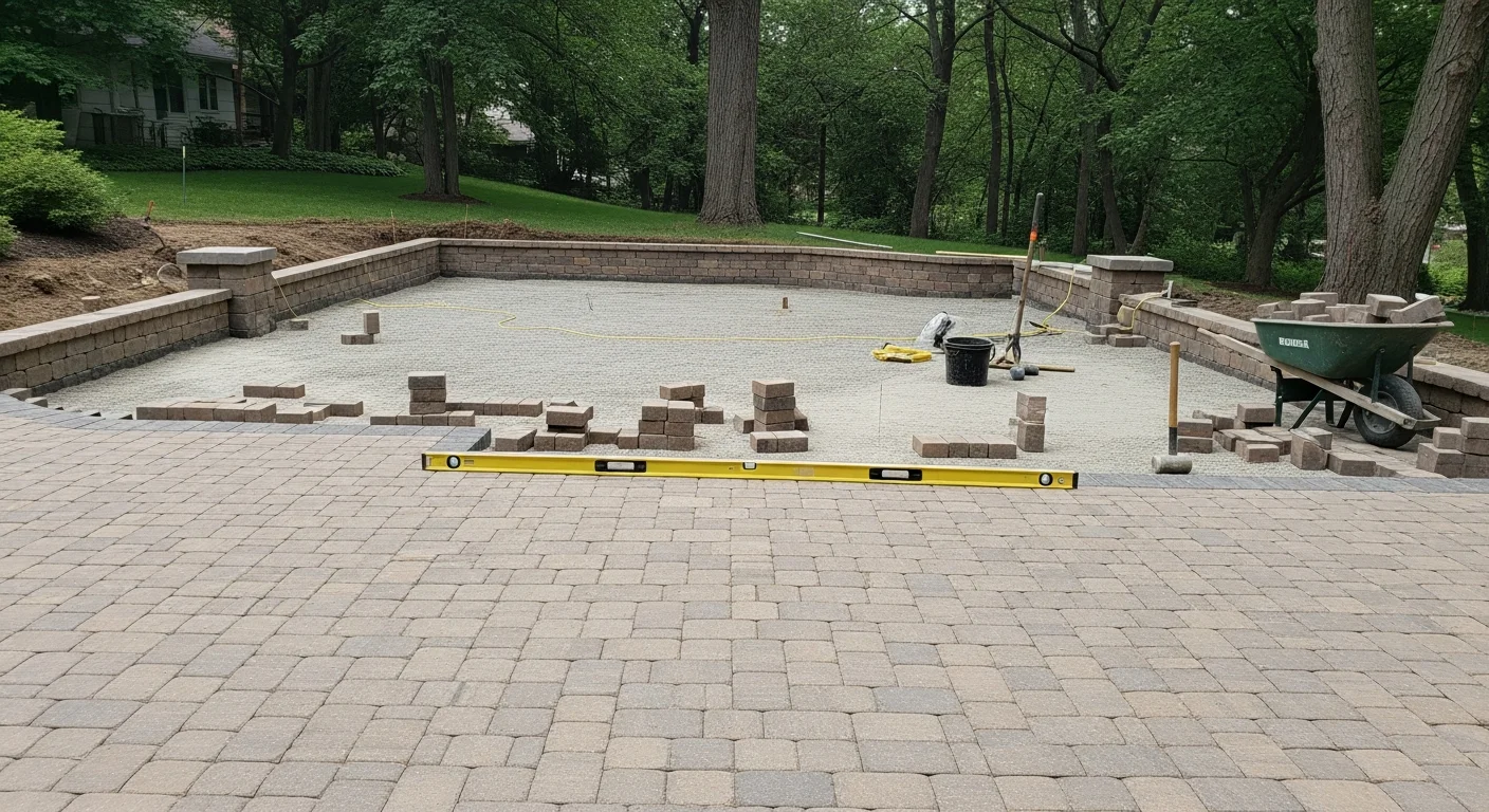 Newly installed brick paver driveway leading to a large estate home in Barrington Hills, Illinois, with a compacted base and clean edge borders. Wide-angle view shows the full length of the drive bordered by mature trees and manicured lawn.