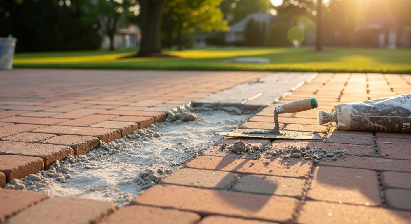 Close-up view of a freshly repointed brick walkway on a Barrington Hills estate property, with clean mortar joints and level brick surfaces leading toward a landscaped yard. The repaired section blends with the surrounding original brickwork along a curved path bordered by mature trees.