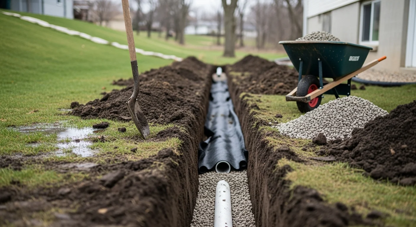 A Barrington Hills residential backyard after drainage installation, showing a dry, level lawn with a French drain channel running along the property edge. No standing water is visible near the foundation or garden beds.