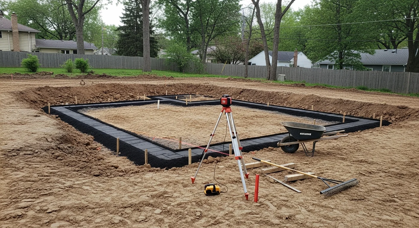 A freshly graded residential backyard in Barrington Hills, Illinois, showing smooth, evenly contoured soil sloping away from the home's foundation. The cleared and leveled ground is prepared for lawn installation on a large residential lot.