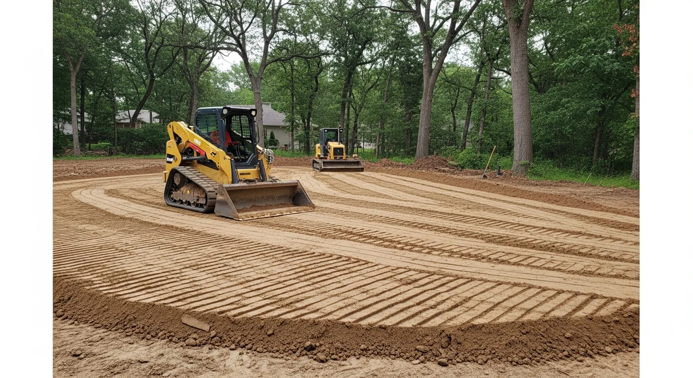 A freshly graded residential yard on a large Barrington Hills estate lot, showing smooth, even terrain sloping away from the home's foundation with exposed topsoil ready for lawn installation.