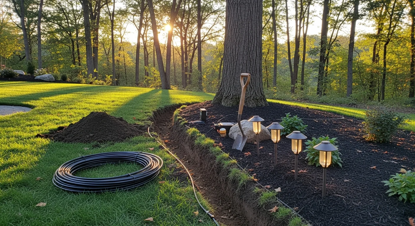 Landscape lighting installation on a large Barrington Hills residential property, with LED path lights lining a curved driveway and uplights illuminating mature trees along the front yard. Warm light highlights garden beds and a stone entry gate against a dark Illinois evening sky.