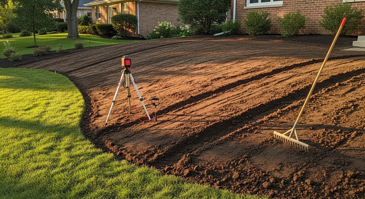A freshly graded residential lawn in Barrington Hills, Illinois, showing smooth, sloped topsoil prepared for sod installation with a home foundation visible in the background. The graded surface slopes away from the structure with no visible low spots or pooling areas.