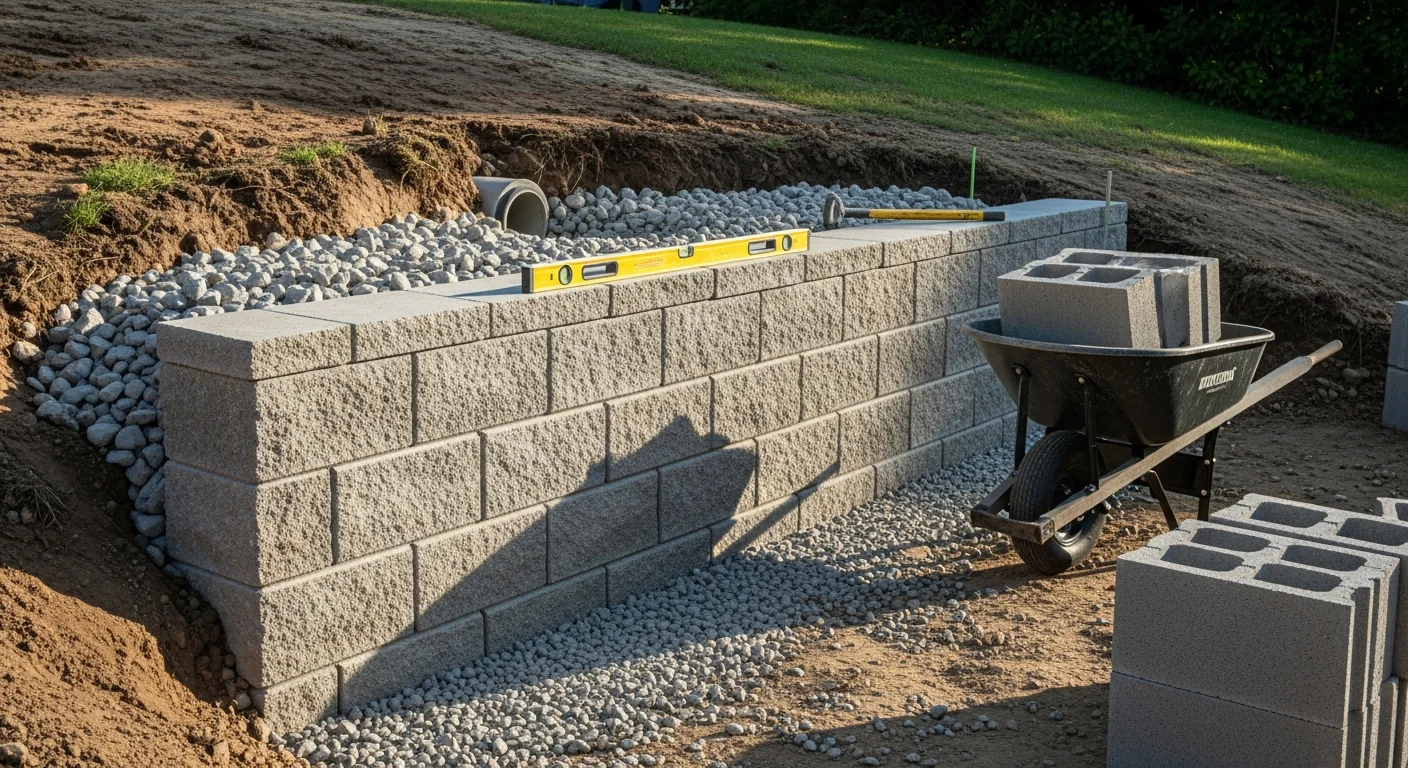 A completed multi-tiered retaining wall installation on a sloped residential property in Barrington Hills, Illinois, with stone-cap detailing and graded planting beds between wall levels. The wall runs along the rear yard, creating level usable space on a grade that previously eroded during heavy rain.