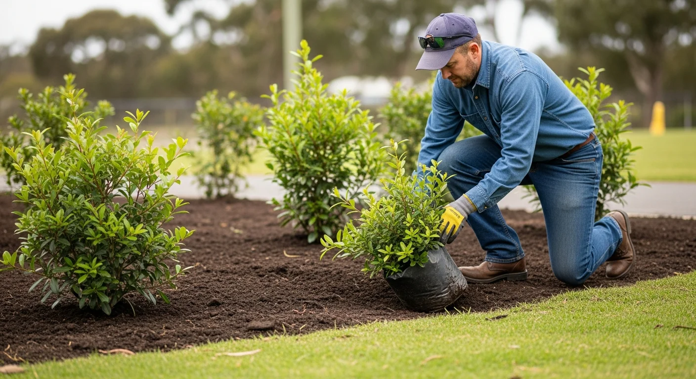 Newly planted shrubs arranged along the foundation of a large Barrington Hills estate home, surrounded by fresh mulch and set against a backdrop of mature trees. The planting bed runs across a wide front facade on a spacious residential lot.
