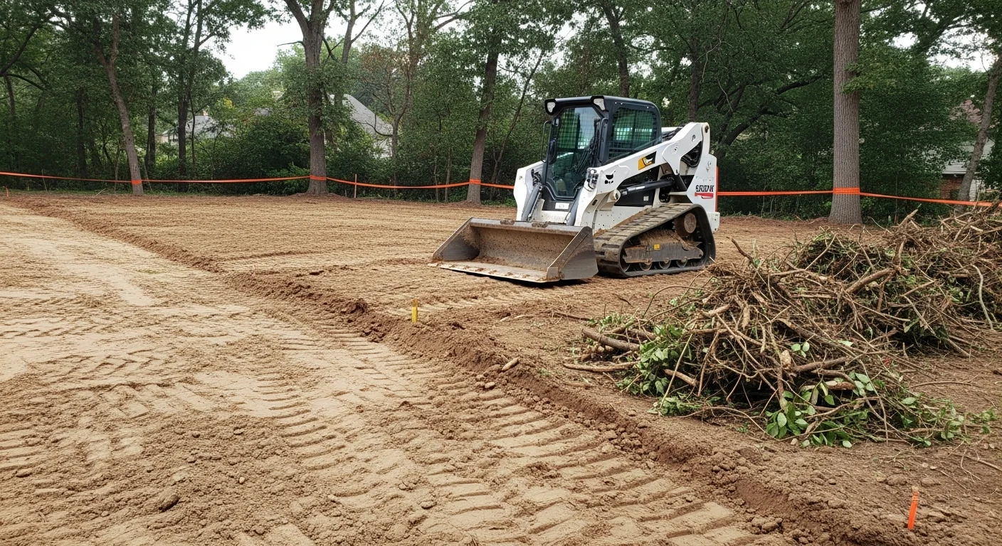 A graded and cleared residential lot in Barrington Hills, Illinois, showing shaped terrain and exposed soil ready for landscape construction. Heavy clay subsoil is visible along the graded slope, with mature trees preserved along the property edge.