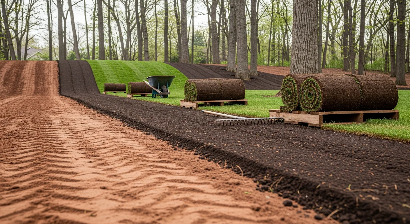 Freshly installed sod rolls laid across a large residential lawn on a rolling Barrington Hills, IL estate property. Tight seams and graded soil are visible across the open turf area with mature trees along the property edge.