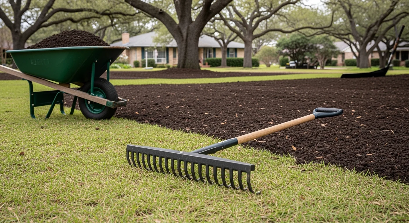 A freshly tilled and graded lawn area on a large Barrington Hills residential property, with dark amended soil leveled and ready for sod installation. The prepared ground shows even compost incorporation across a wide open yard with mature trees visible along the property edge.