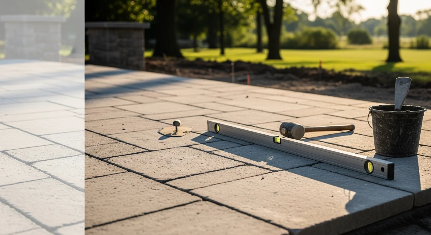 A natural stone retaining wall and walkway installed on a large residential lot in Barrington Hills, Illinois, with mature trees and graded terrain in the background. The stone work connects a lower lawn area to an upper patio space behind the home.