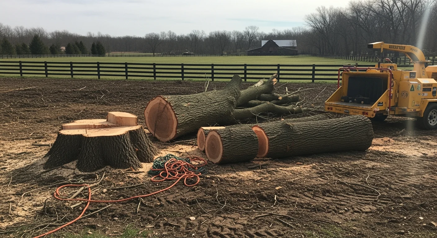 A large dead oak tree being removed from a multi-acre estate property in Barrington Hills, Illinois, with cleared ground visible near a wooden paddock fence. A landscape crew works around mature surrounding trees on a wide open lot.