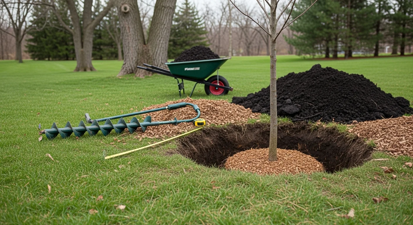 A newly planted shade tree with a fresh mulch ring on a large residential lot in Barrington Hills, Illinois. The surrounding landscape shows open lawn and mature woodland in the background.
